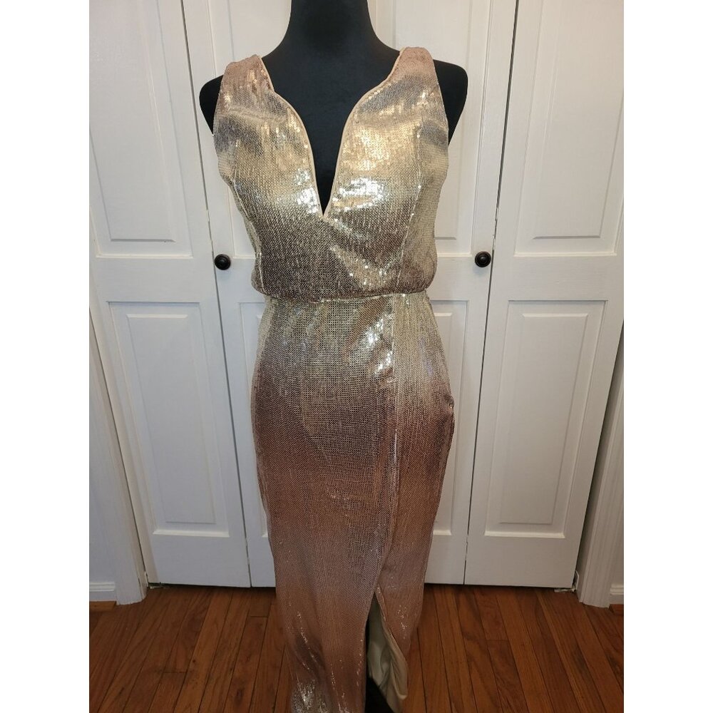 Bailey Blue Gold Rose Gold Ombre Sequin Maxi Dress Side Slit 7 Glam Prom Formal